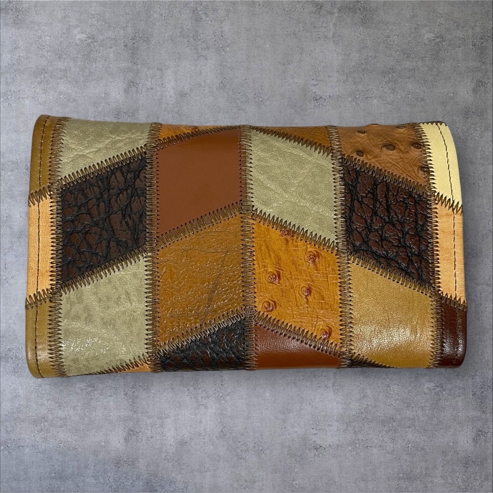 Vtg Tony Lama Patchwork Leather Trifold Wallet 7" Checkbook Western Accessory - Picture 2 of 6